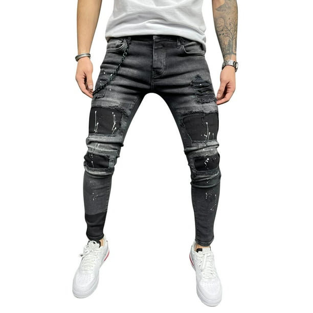 Mens Casual Denim Jeans Ripped Slim Fit Skinny Distressed Destroyed Side Striped Zipper Holes Pants 